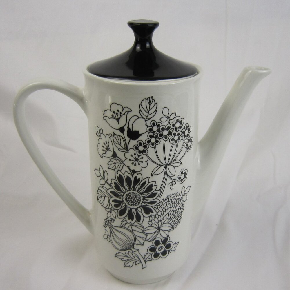 Grindley Manitou Mod Black White Coffee Tea Pot Flower Pattern - Ironstone